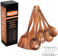 6 PCs Teak Wooden Utensil Set with Hooks, Wooden Spoons for Cooking, Wood Cooking Utensils Set, Comfort Grip, Non Stick Cookware, Easy to Clean, Kitchen Stuff, Wood Spatula