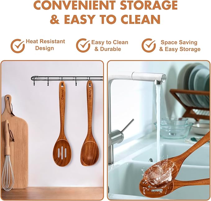 Large Wooden Spoons for Cooking, 2Pack Natural Teak Wood Cooking Spoon Set, Non-Stick Slotted and Corner Spoon, Heat-Resistant Wooden Spatula Spoon for Serving and Mixing