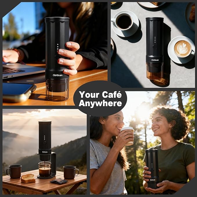 Self-Heating Portable Espresso Maker for Camping, 20Bar Travel Coffee Machine, Fast USB-C for Car/Office, with Stand & Case, Works with Ground Coffee & NS Capsules, for Hiking, RV, Gift