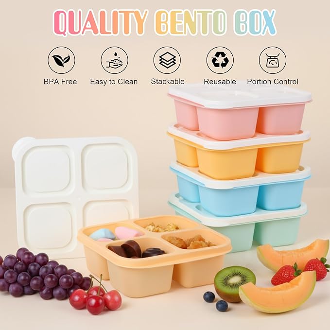 Honeydak 5 Pack Snack Containers 4 Compartment Bento Snack Boxes Reusable Lunchable Containers with Lids Divided Meal Prep Lunch Food Storage Box for School Work Travel(Candy Color,Equal)