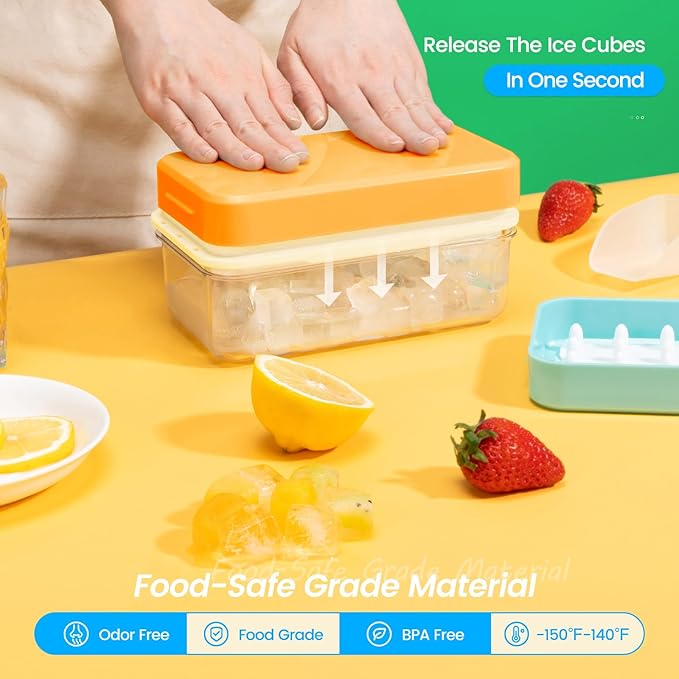 Ice Cube Tray with Lid and Bin, 28 pcs Ice Cubes Molds, Ice Trays for Freezer, Ice Cube Tray Mold, with 1 tray, Ice Freezer Container, Spill-Resistant Removable Lid & Ice Scoop, for Whiskey,Cocktail