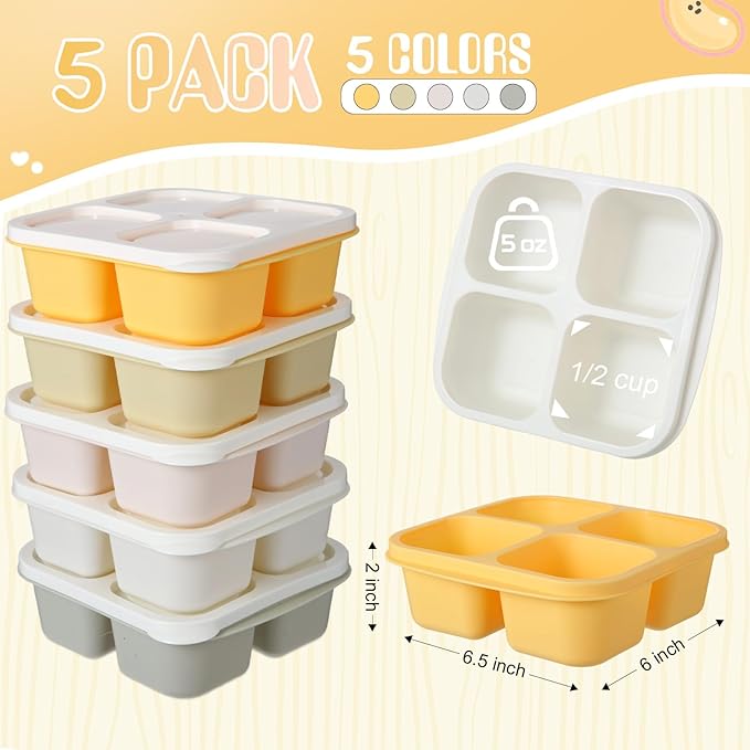 Honeydak 5 Pack Snack Containers 4 Compartment Bento Snack Boxes Reusable Lunchable Containers with Lids Divided Meal Prep Lunch Food Storage Box for School Work Travel (Lemon Color,Equal)