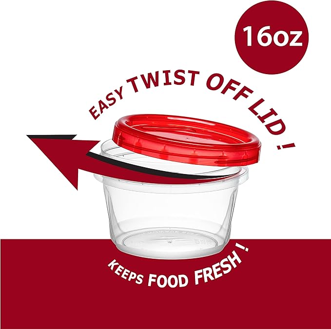 (16 Ounce 10 Pack) Twist cap Containers Clear Bottom With Red Top Screw on Lids Twist Top Food Storage Freezer Containers