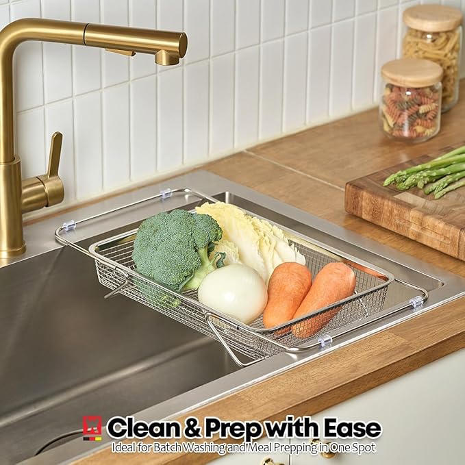 Extendable Dish Rack with Feet, Vegetable Colander Basket, Stainless Steel Dish or Silverware Drying Rack, Ultimate Kitchen Organizer Over The Sink (12.99 x 9.65 x 2.76 Inches)