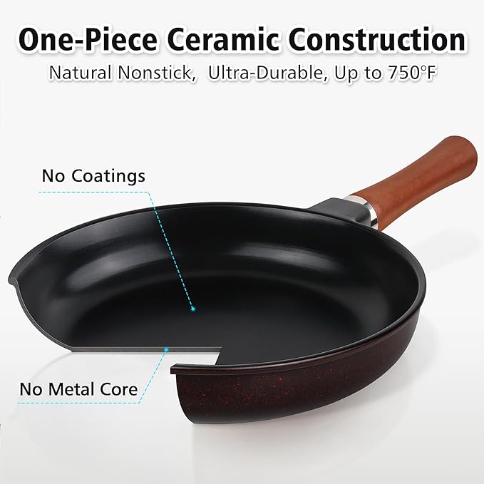 Pure Ceramic Frying Pan Skillet, One-Piece Construction Ensures No Coatings & No Metal, SGS-Certified Non-Toxic, Naturally Nonstick for All Cooktops, 10-inch (Black)
