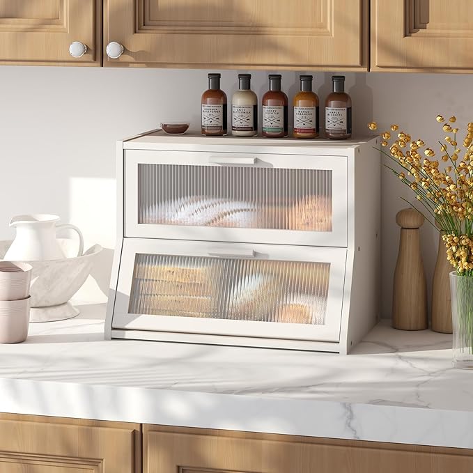 White Large Bread Box for Kitchen Counter, Bamboo Wooden Double Layer Large Capacity Bread Storage Bin with Acrylic Wavy Door Panel