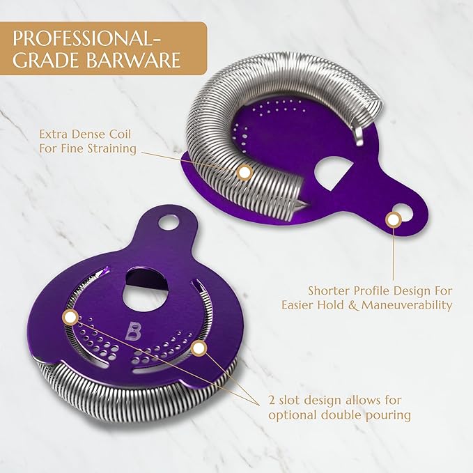 Hawthorne Strainer by Bull in China In Electric Purple - Made In USA - High Density Spring Cocktail Strainer for Boston Shakers and Mixing Glasses for Bars & Bartenders