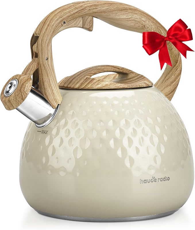 Tea Kettle Stovetop Teapot, 2.5 Quart Loud Whistle Food Grade Stainless Steel and Smooth Wood Pattern Handle, Sophisticated Look for Hiking, Picnic, for Tea, Coffee Milky White