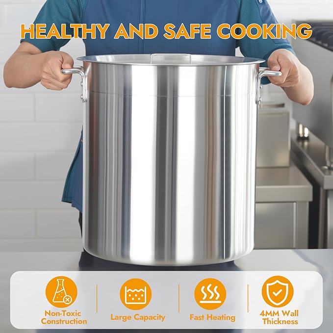 CURTA 40 Quarts Aluminum Stock Pot with Lid, Heavy Duty Commercial Grade Large Capacity Cooking Pot for Boiling, Stewing, Great for Kitchen, Restaurant, Catering, and Home Use,NSF certified