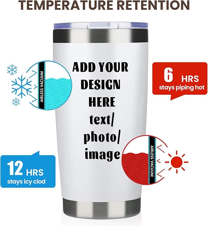 MEWAY Personalized Custom 20oz Tumbler with Lid, Stainless Steel Gift Tumbler, Insulated Double Wall Vacuum Travel Coffee Tumbler Gifts with Text Photo Logo (White, 1pack)