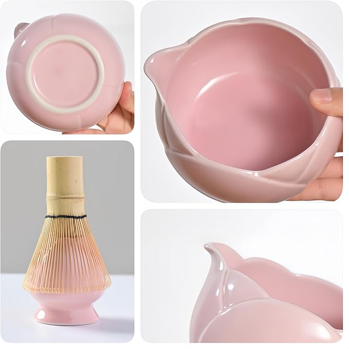 8 traditional matcha bowls with spouts, ceramic matcha bowls (Chawan), matcha mixing bowls for stirring matcha, tulip style (pink)