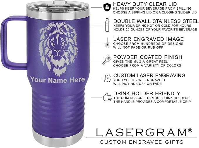 LaserGram 20oz Vacuum Insulated Travel Mug with Handle, Tiki Statue, Personalized Engraving Included (Dark Purple)