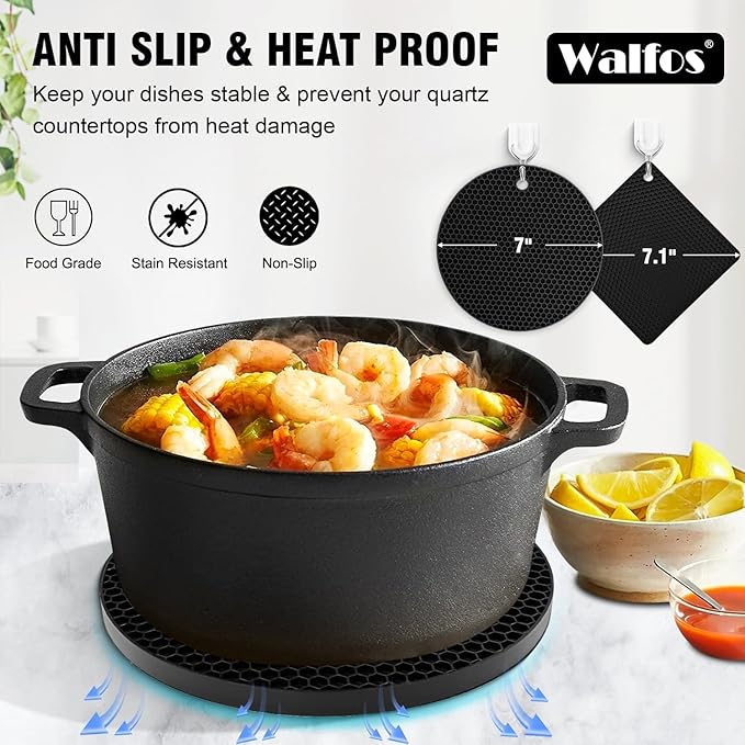 Walfos XXL Silicone Trivet 16 Inch and Round & Square Trivets 7 Inch, Trivets for Hot Pots and Pans, Heat Resistant Pot Holders Hot Pads for Kitchen Quartz Countertops, Hot Dishes, 5 Pack