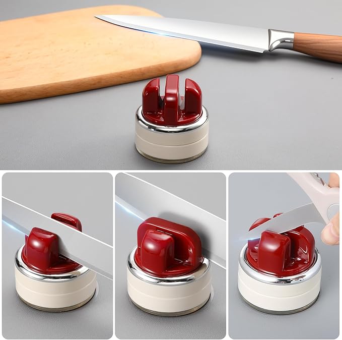 Knife Sharpener | Multi-Angle Pocket & Kitchen Knife Sharpener w/Suction Base | Works with a wide range of knives | Includes Instruction Guide（red)