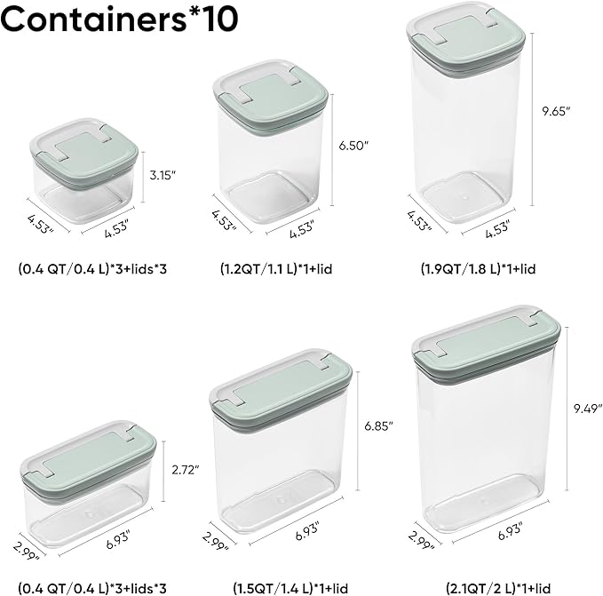 CAROTE Food Storage Containers with Lids 20 PCS BPA-Free Plastic Food Storage Set Air Tight Kitchen and Pantry Organization Canisters for Lunch Meal Prep& Leftovers (Sage Green/Grey)
