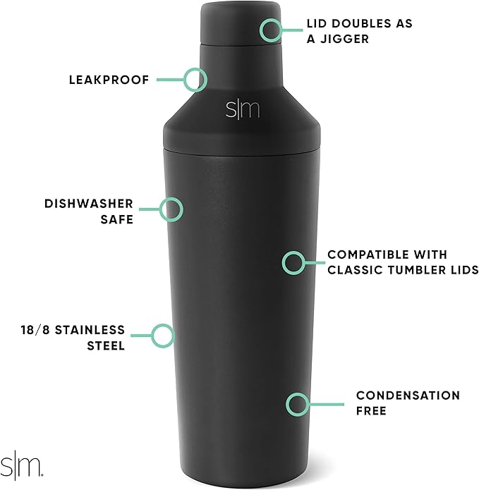 Simple Modern Cocktail Shaker Gift Set with Jigger Lid | Insulated Boston Martini Mixer Stainless Steel Christmas Gifts for Men Women | Compatible with Classic Tumbler Collection | Midnight Black