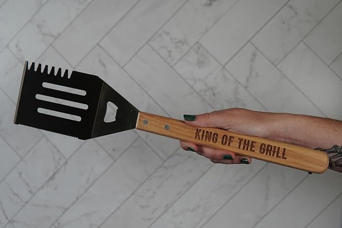 Grill Spatula for Kitchen, Stainless Steel BBQ Scraper, Customized Flat Top Flipper With Wooden Handle-KING OF THE GRILL