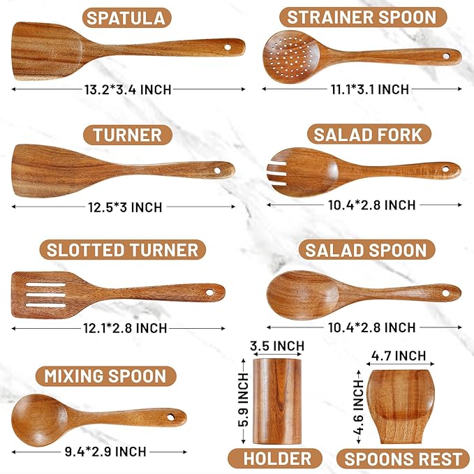 Pleafind Natural Teak Wooden Utensil Set - 9 Pcs, Wooden Spoons for Cooking, Wooden Cooking Utensils Set with Holder ＆ Spoon Rest, Soft Comfort-Grip Wood Kitchen Utensil Set for Non-Stick Cookware