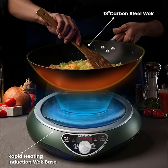 1700W Wok Induction Cooktop with 13.4” Nitride Carbon Steel Wok Round-Bottom & Flat-Pan Compatible, Electric Stir-Fry Wok Set for Home & Restaurant, No-Coating, Even Heating