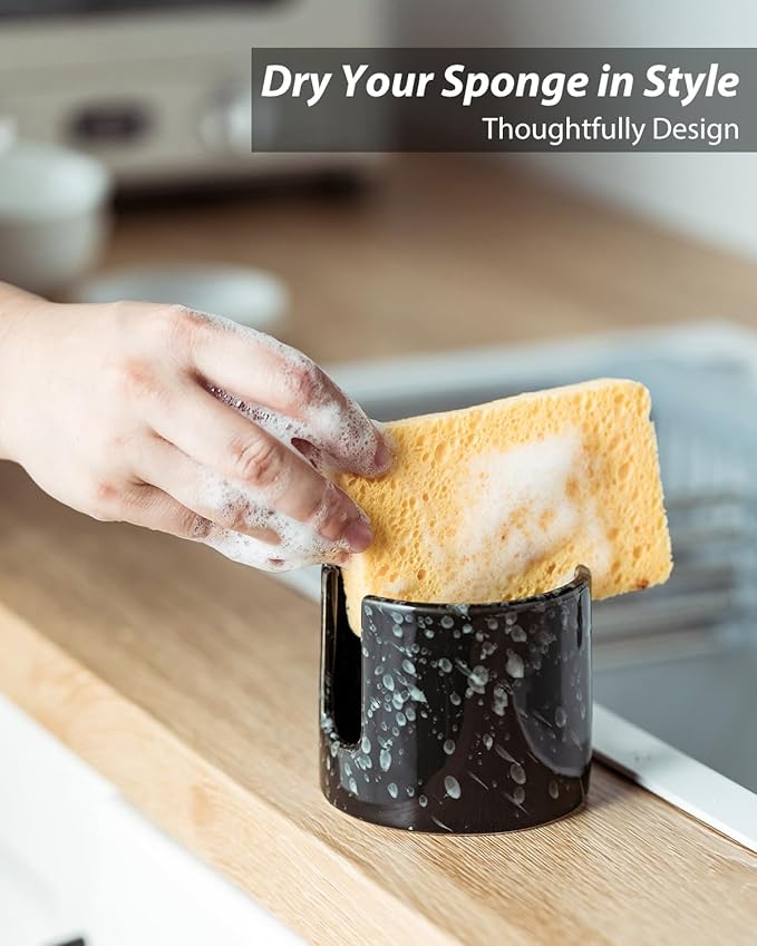Sponge Holder for Kitchen, Ceramic Sink Caddy Scrub Sponge Rack Dish Rack Scrubbers Holder for Kitchen Sink, Bathroom, Black