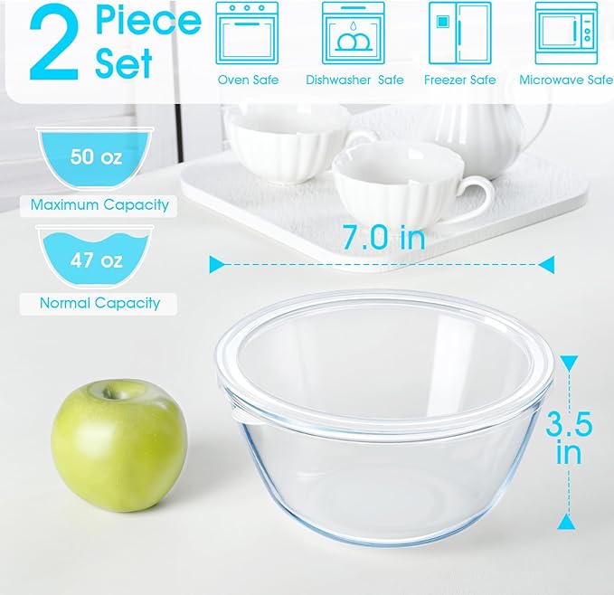NUTRIUPS Glass Bowls Set Cereal Bowl Glass Salad Bowls Small Bowl for Kitchen (50oz-2pcs with lids)