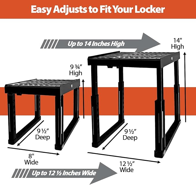 Locker Organizer Shelf， Adjustable Width and Height, Ideal Locker for School, Office, and Gym Lockers (Black 2 Pack), PLKSLF01