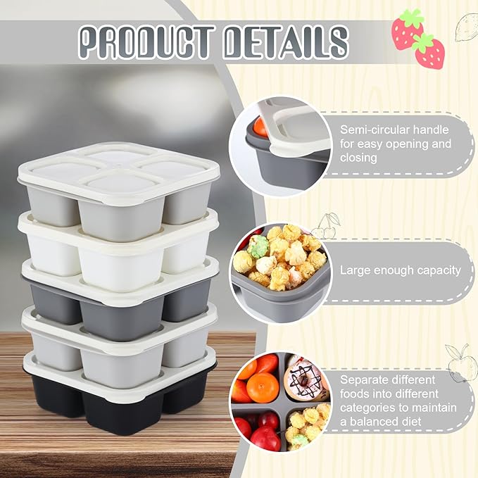 Honeydak 5 Pack Snack Containers 4 Compartment Bento Snack Boxes Reusable Lunchable Containers with Lids Divided Meal Prep Lunch Food Storage Box for School Work Travel(Black and White Ombre,Equal)