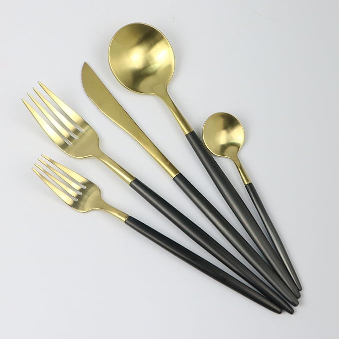 Customized 5-Piece 18/10 Stainless Steel Flatware Set, Serive for 1, With Fork Spoons Knife Teaspoon Dessert Fork for Home Kitchen Restaurant Hotel (Black + Gold)