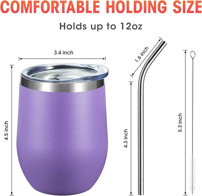 COMOOO Stainless Steel Wine Tumbler with Lid and Straw 12oz Double Wall Vacuum Insulated Travel Tumbler Cup Stemless for Hot and Cold Drinks, Coffee, Wine, Cocktails, Purple