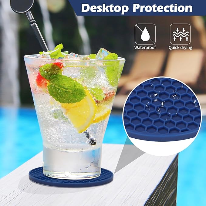 Silicone Coaster Set of 16 with Holder, Drinks Coasters, Suitable for All Cups, Hot or Cold, Anti-Slip, Non-Stick, Anti-Overflow Tabletop Protection and Decor (Navy Blue, 16 Pcs)