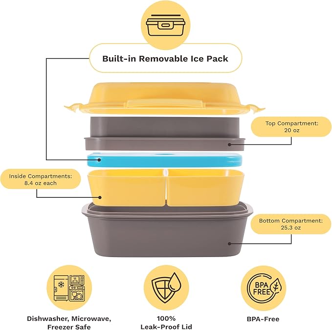 Ultimate Bento Box - Lunch Box for Kids & Adults with Removable Ice Pack - Leakproof, Multi-Compartment Food Container with Removable Containers - Microwave & Dishwasher Safe (Yellow/Gray)