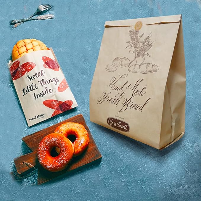 50 Pack 13.8 X 9.5 Inch Kraft Paper Bread Bags for Homemade Bread, Large Paper Bakery Bags with 50 Stickers, Eco Friendly Packaging Storage Loaf Bags for Food Storage