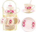 20-Pieces Tea Set For Adult with Golden Metal Rack,Porcelain Tea Sets For Women,Tea Gift Sets for Home&Party(016)