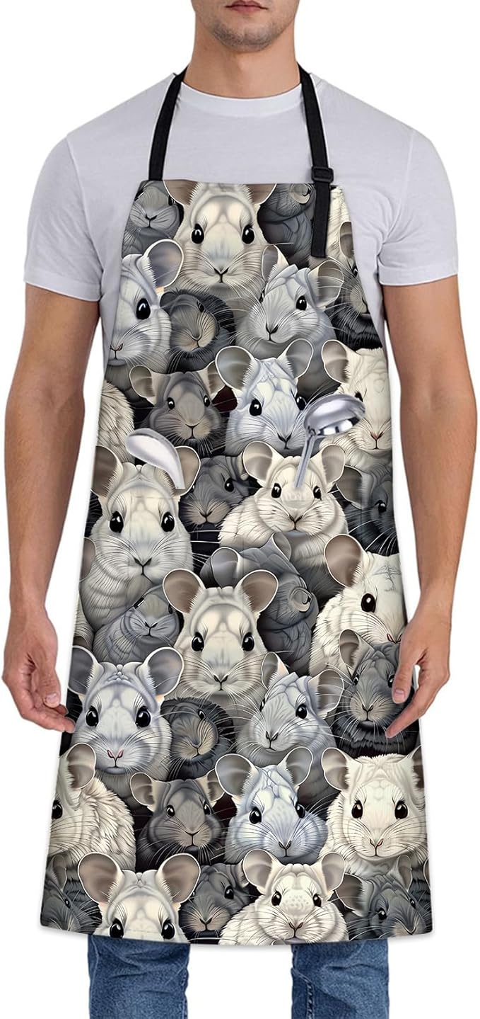 Cute Chinchilla Apron, Adjustable Kitchen Realistic Chinchilla Faces Aprons with Pockets for Cooking BBQ Gardening, 28×33 IN, Holiday Gifts for Women Men Wife, for Chef Baking, Oxford Fabric