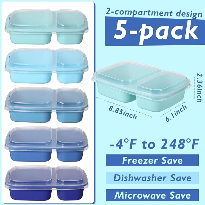 Honeydak 5 Pack Lunchable Snack Containers 2 Compartment Divided Bento Snack Boxes Reusable Meal Prep Containers with Lids Lunch Food Storage Box for Work Travel (Blue)
