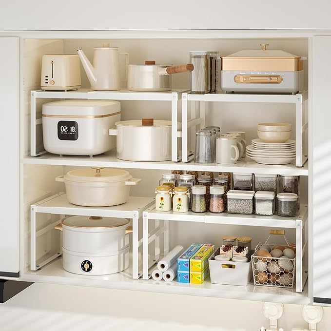 Expandable Kitchen Organizers Storage, Metal Cabinet Organizer Riser Rack for RV,Kitchen, Pantry, Cupboards, Under Sink and Counter Storage,Office,Adjustable Spice Rack,White