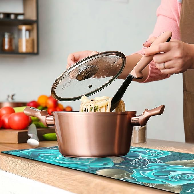 Valentine's Day Trivet Table Runner 40 Inches Long Turquoise Roses Leaves White Gold Contour Heat Resistant Hot Pad Multi Purpose Mat for for Hot Pots Pans Kitchen Countertops