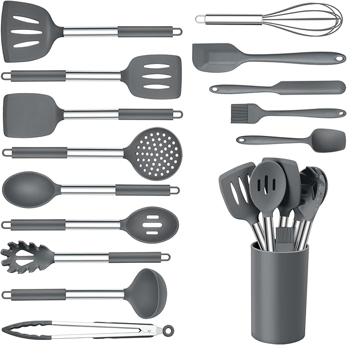 Onader Kitchen Cooking Utensils Set of 15, Silicone and Stainless Steel Utensils Spatula Set with Holder, Heat Resistant & Dishwasher Safe - Grey