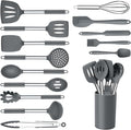 Onader Kitchen Cooking Utensils Set of 15, Silicone and Stainless Steel Utensils Spatula Set with Holder, Heat Resistant & Dishwasher Safe - Grey