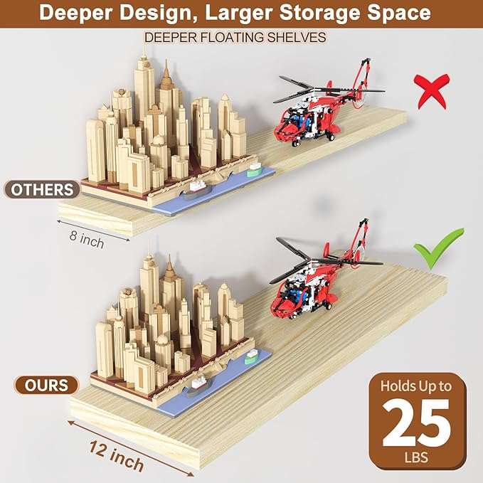 12 Inch Deep Floating Shelves for Wall 2 Pack Floating Shelfs Large Storage Space Wall Decor Display Shelf for Bathroom Living Room Bedroom Kitchen 23.8" W x 12" D x 1.2" H Natural Wood