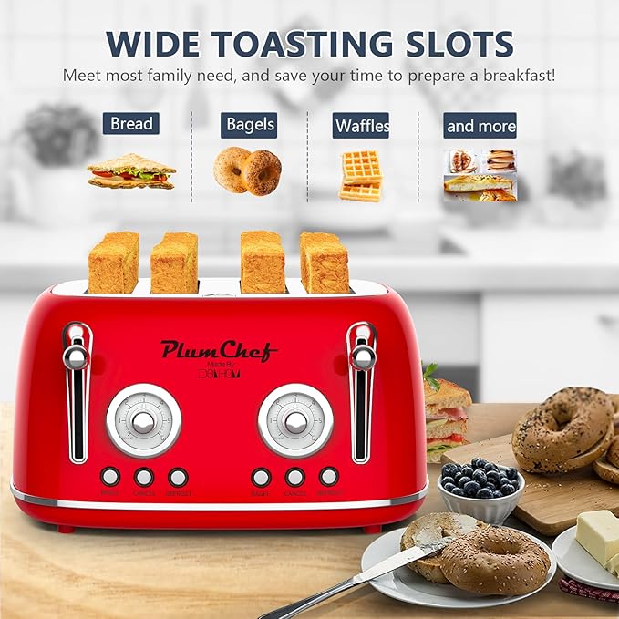 4 Slice Retro Style Toaster, Dual Control Toaster with Warming Rack, 6 Browning Settings, Bagel/Defrost Functions, Removable Crumb Tray, Stainless Steel Housing 1650W, Red