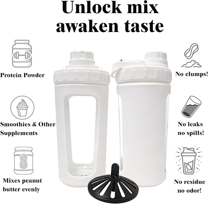 BYLWORKOUT Glass Shaker Bottle Holds upto 28oz | No Blending Ball or Whisk | Removable Plastic Mixer Included | Portable Drink Water Bottle Glass with Silicone Sleeve (White)