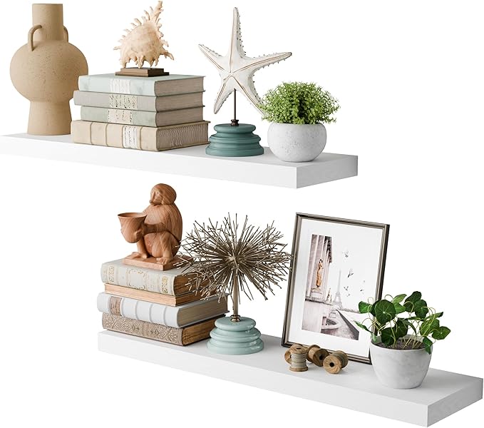 30 Inch Floating Shelves - Set of 2, 8" Deep White Wall Shelf with Invisible Bracket, Hanging Shelf for Bathroom, Bedroom, Kitchen, Living Room Decor