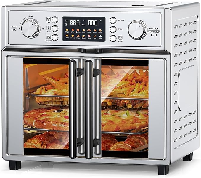 PlumChef 29.5QT Large Capacity French Double-Door Air Fryer Convection Toaster Oven, 1700W, 14 Preset Menus, 7-in-1 Multi-Function (Bake, Roast, Gril,Toast,Dehydrate&Defrost), Stainless Steel,silvery