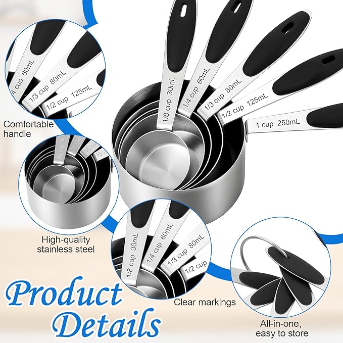 Measuring Cups and Magnetic Measuring Spoons Set of 10 Piece Nesting Metal Measuring-Cups Set Soft Silicone Handles for Dry and Liquid Ingredients Cooking and Baking