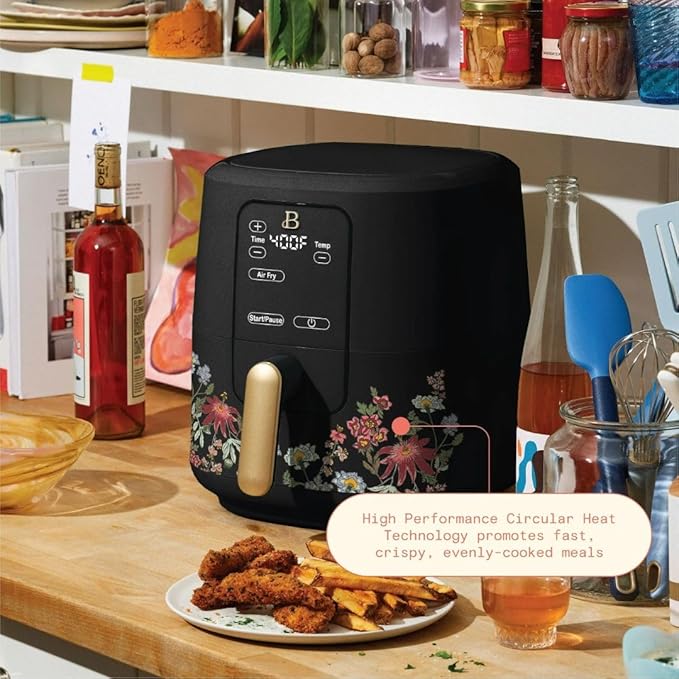 Beautiful by Drew Barrymore 6-Quart Digital Air Fryer, TurboCrisp Technology, Touch-Activated Display, 1750W, 90–400°F, Dishwasher-Safe Basket (BLACK WILDFLOWER)