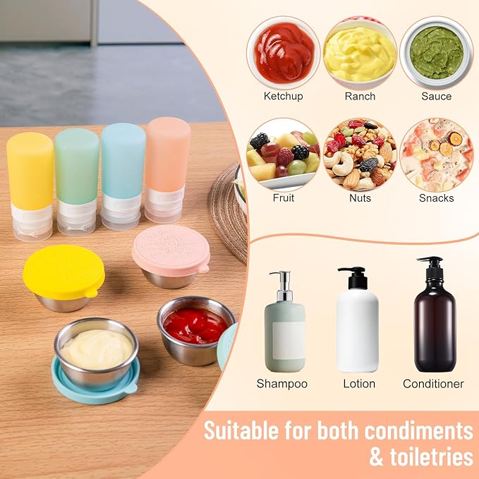 8-Pack Salad Dressing Container To Go, 2-oz Silicone Small Condiment Squeeze Bottles and 1.6 oz Stainless Steel Sauce Containers Cups, Leakproof Condiment Containers with Lids for Lunch Box