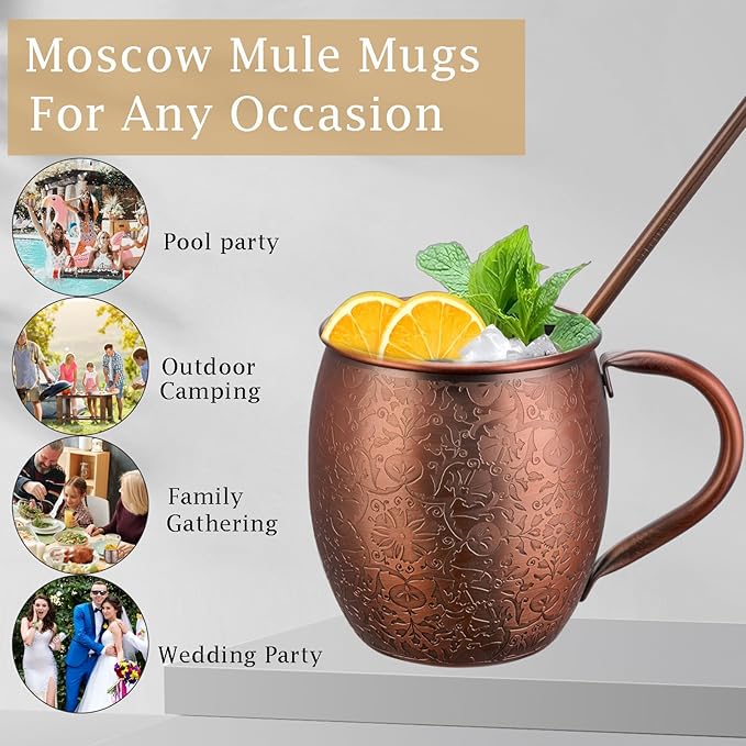 Moscow Mule MugsSet of 2-18 Oz Copper-Plated Fine Craftsmanship Etched Mugs,304 Stainless Steel-Lined Mule Cups,For Cold Drinks, Beer, Wine, Bars, Parties