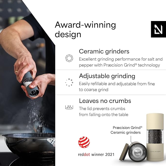 LARS NYSØM Salt and Pepper Grinder Set, Manual Salt and Pepper Mills with Adjustable Ceramic Grinder, Design Spice Shaker Set (Taupe Brown)
