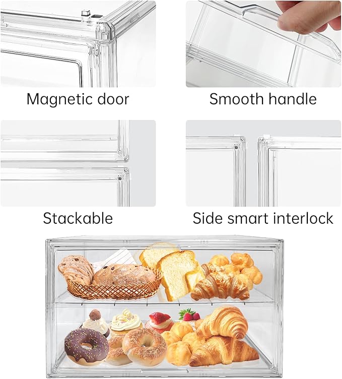 Extra Large 19.7"X14.6"X11.6" Clear Bread Box for Kitchen Counter, Acrylic Pastry Display Case Stackable Storage Container Plastic Bakery Display Case with Magnetic Door
